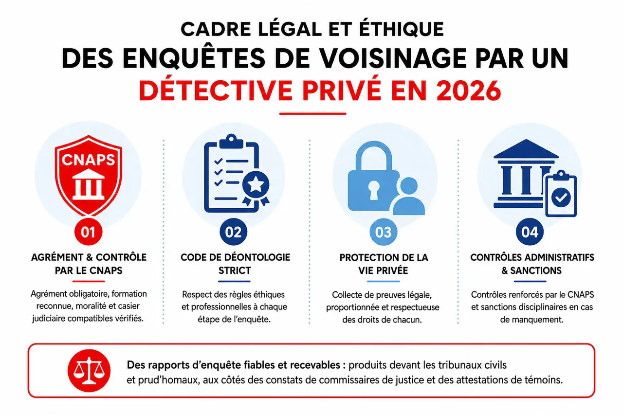 Cadre légal et éthique des enquêtes de voisinage par un détective privé en 2026