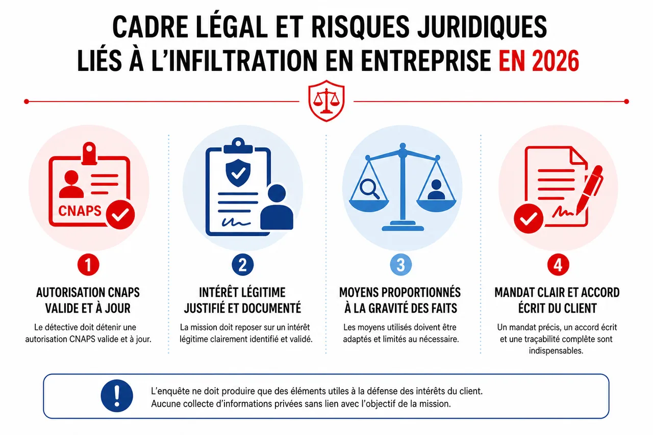 Cadre légal et risques juridiques liés à l’infiltration en entreprise en 2026