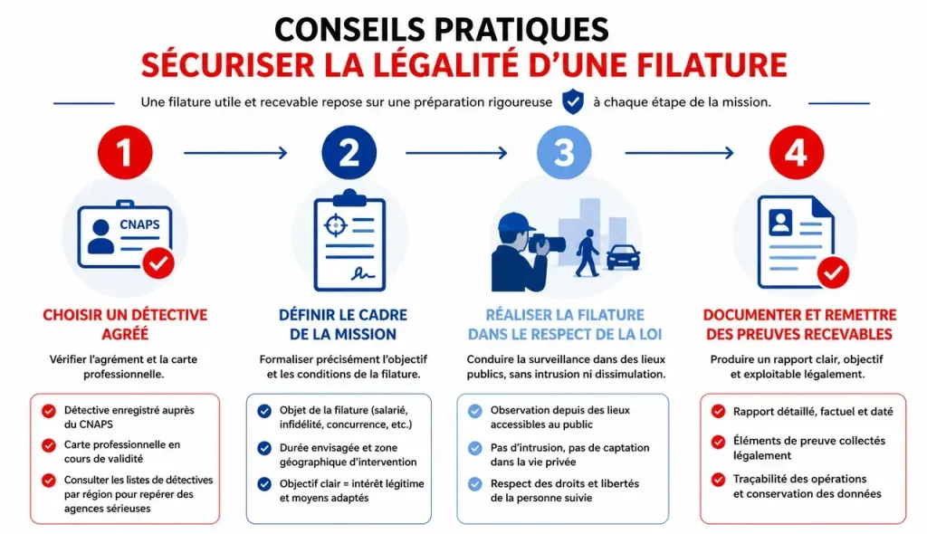 Conseils pratiques pour clients et détectives : sécuriser la légalité d’une filature