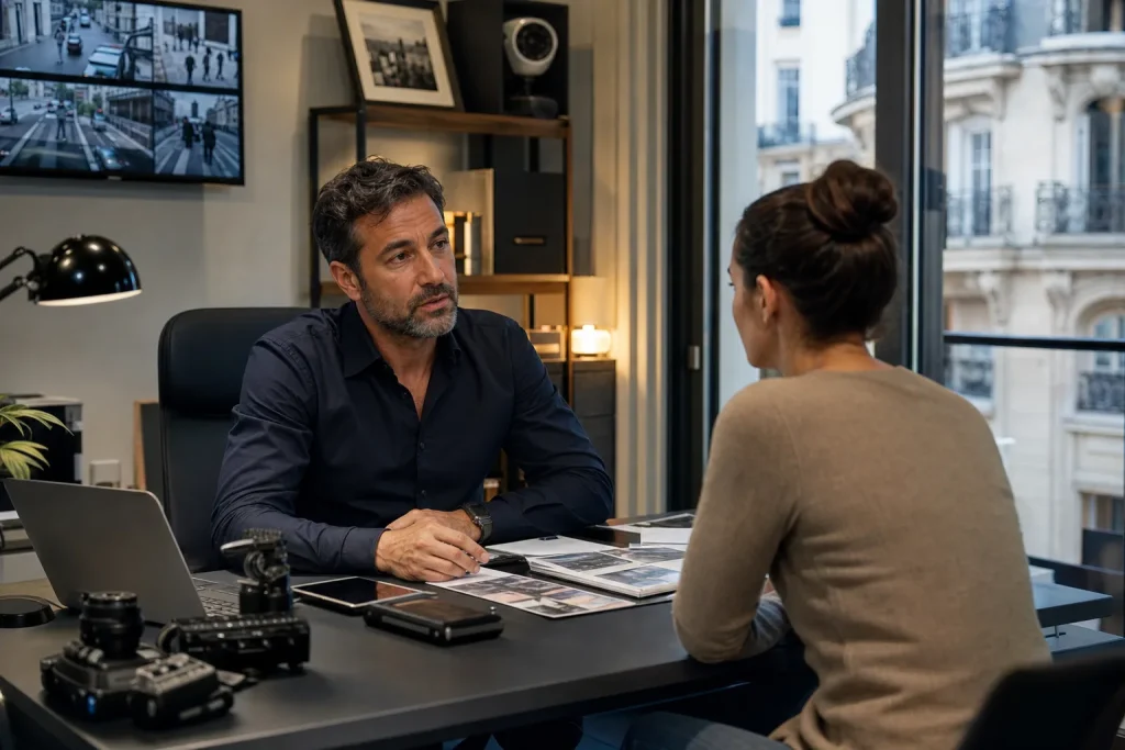 Détective privé en action avec loupe et dossiers professionnels