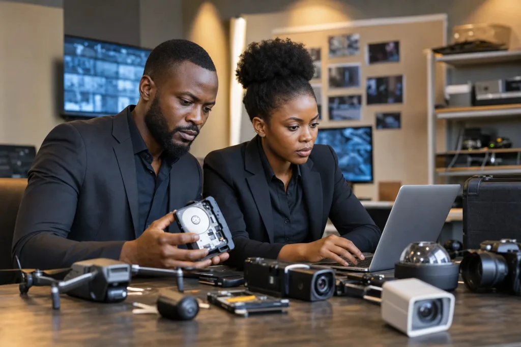 Détective privé en formation avec dossiers et technologie moderne