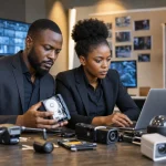 Détective privé en formation avec dossiers et technologie moderne